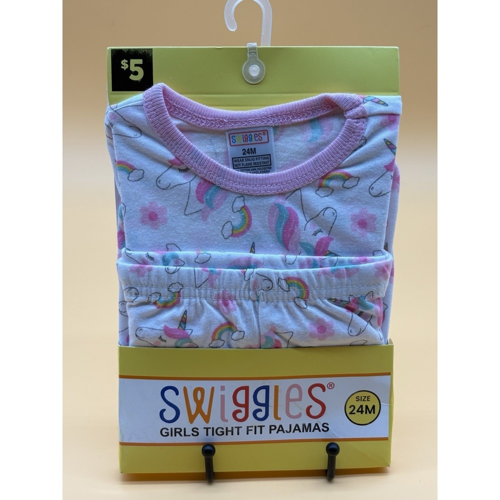 Swiggles Girls Tight Fit Pajamas 24M Unicorn Rainbow Pink White 2 Piece Set NEW